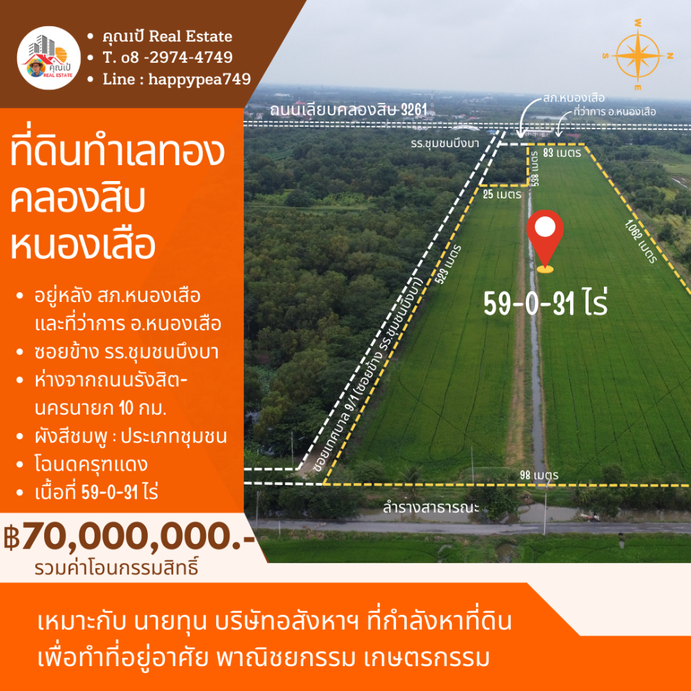 For SaleLandPathum Thani,Rangsit, Thammasat : 🎀Land in Khlong Sip, Nong Suea, Pathum Thani, area 59 rai, pink layout, prime location, behind Nong Suea District Office, Nong Suea Police Station🎀