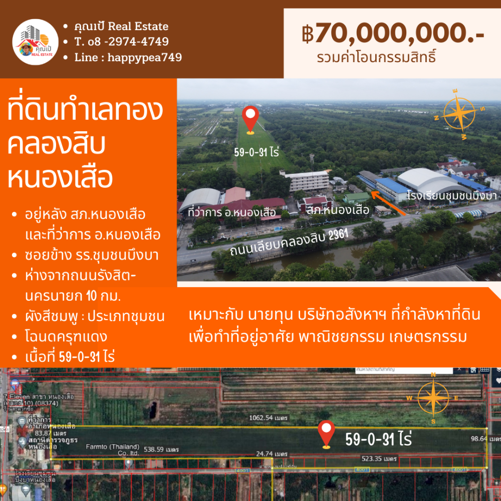 ขายที่ดินปทุมธานี รังสิต ธรรมศาสตร์ : 🎀ที่ดินคลองสิบ หนองเสือ ปทุมธานี เนื้อที่ 59 ไร่ ผังสีชมพู ทำเลทอง อยู่ติดหลัง ที่ว่าการ อ.หนองเสือ , สภ.หนองเสือ🎀