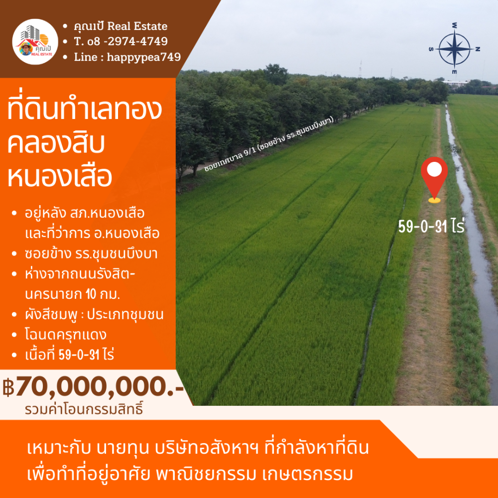 ขายที่ดินปทุมธานี รังสิต ธรรมศาสตร์ : 🎀ที่ดินคลองสิบ หนองเสือ ปทุมธานี เนื้อที่ 59 ไร่ ผังสีชมพู ทำเลทอง อยู่ติดหลัง ที่ว่าการ อ.หนองเสือ , สภ.หนองเสือ🎀