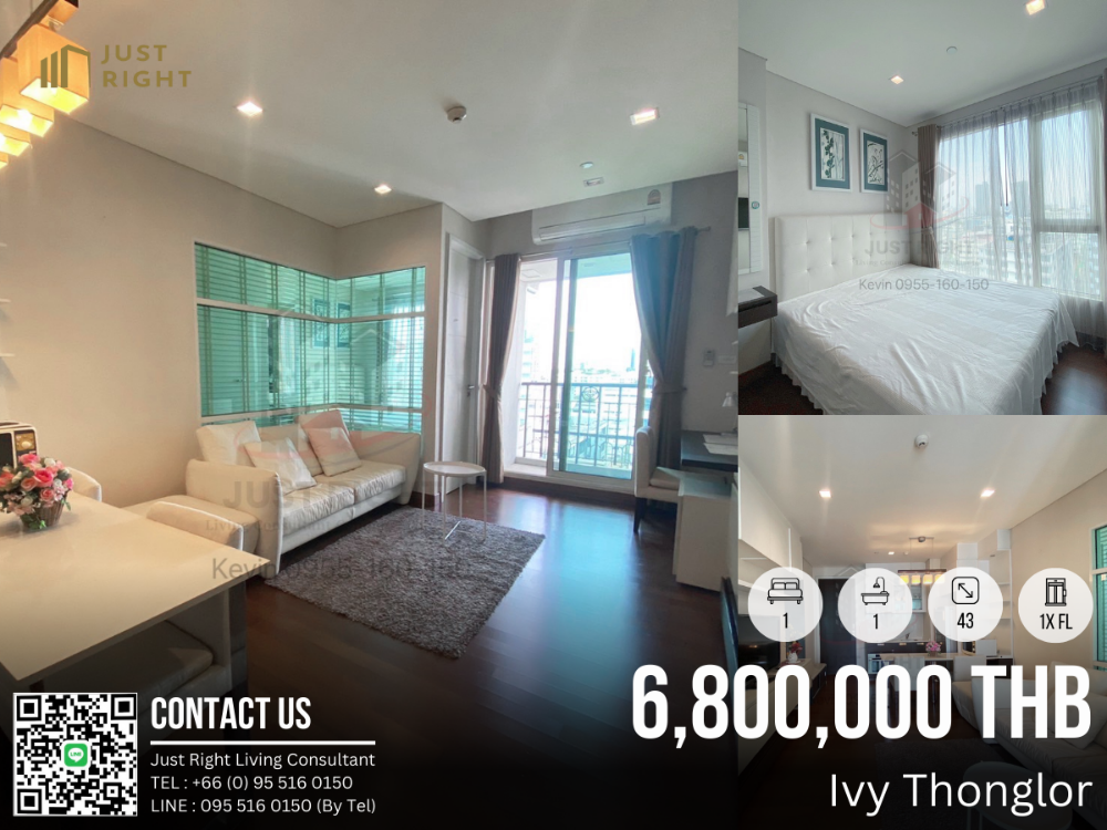 For SaleCondoSukhumvit, Asoke, Thonglor : For Sale Ivy Thonglor 1 Bed 1 Bath 43 Sqm. Floor 10 Only 6.8 MB Transfer fee 2% (buyer and seller pay half each)
