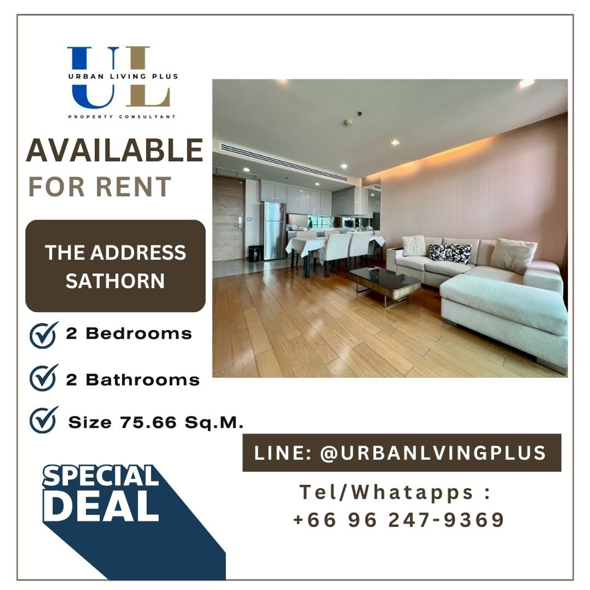 For RentCondoSathorn, Narathiwat : ( UL2602031 ) Tel/Line 096-2479369 , FOR RENT !! The Address Sathorn 2 bedrooms 2 bathroom 75.66 Sq.M. Corner unit, high floor✨