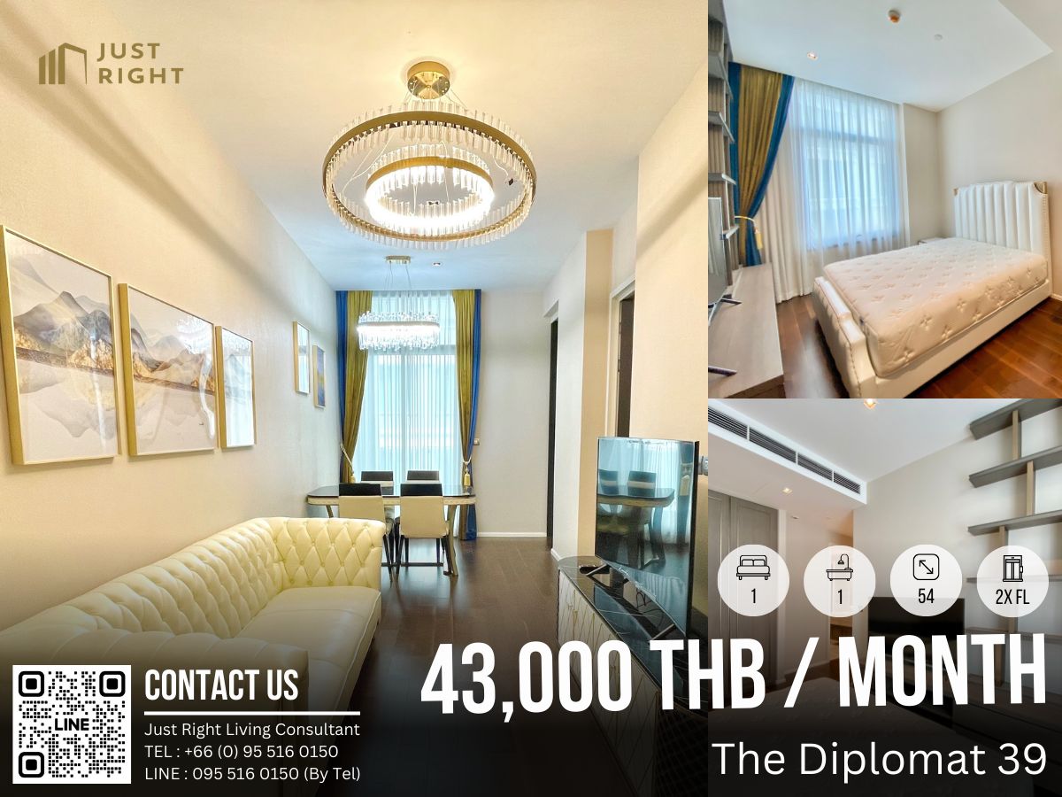 ให้เช่าคอนโดสุขุมวิท อโศก ทองหล่อ : ให้เช่า The Diplomat 39 1 ห้องนอน 1 ห้องน้ำ 54 ตรม. ชั้น 2x ตกแต่งสวย เฟอร์ครบ เครื่องใช้ไฟฟ้าครบ พร้อมเข้าอยู่ จากปกติ 55,000 เหลือเพียง 43,000 บาท/เดือน สัญญา 1 ปีเท่านั้น