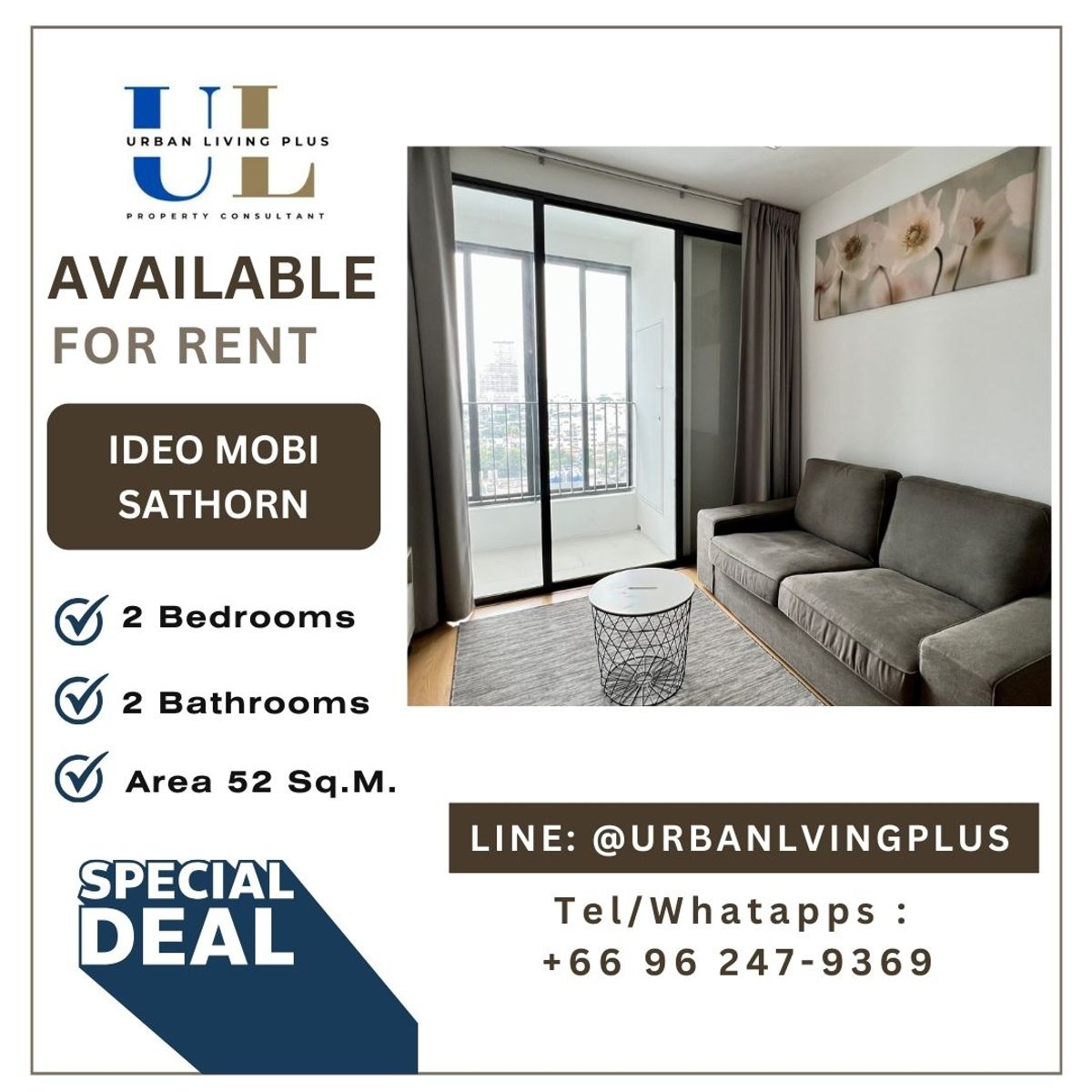ให้เช่าคอนโดวงเวียนใหญ่ เจริญนคร : (UL2310113) ห้องสวย พร้อมอยู่ Tel/Line096-2479369, ให้เช่า ไอดีโอ โมบิ สาทร 2 ห้องนอน 2 ห้องน้ำ 52 ตร.ม. Hot deal