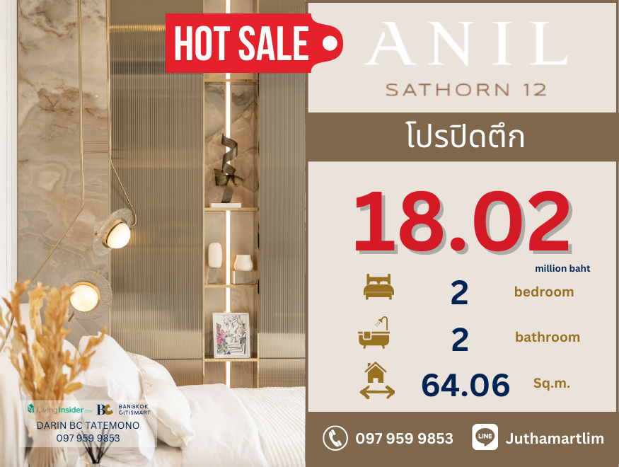 For SaleCondoSathorn, Narathiwat : 🔥Building closed promotion🔥 Anil Sathorn 12 styles, 2 bedrooms, 2 bathrooms, 64.06 sq m, 14th floor, price 18,020,000 baht, contact 0979599853
