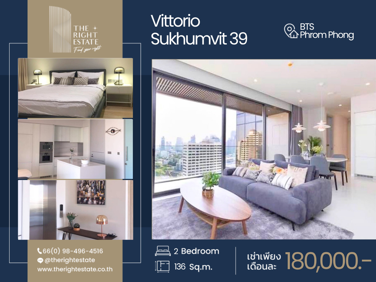 ให้เช่าคอนโดสุขุมวิท อโศก ทองหล่อ : 🌿 Vittorio Sukhumvit 39 🌿 ห้องสวยมาก ตกแต่งสไตล์หรูหรา 🛏 2 ห้องนอน - 136.71 ตร.ม. ใกล้ BTS พร้อมพงษ์