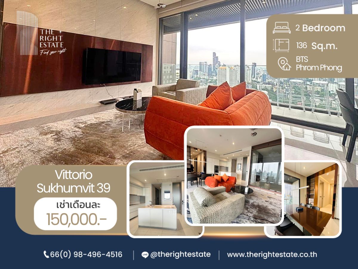 For RentCondoSukhumvit, Asoke, Thonglor : 🌿 Vittorio Sukhumvit 39 🌿 Nice room, Fully furnished ✨ 2 Bed 136 sq.m, price negotiable!!! - Next to BTS Phrom Phong