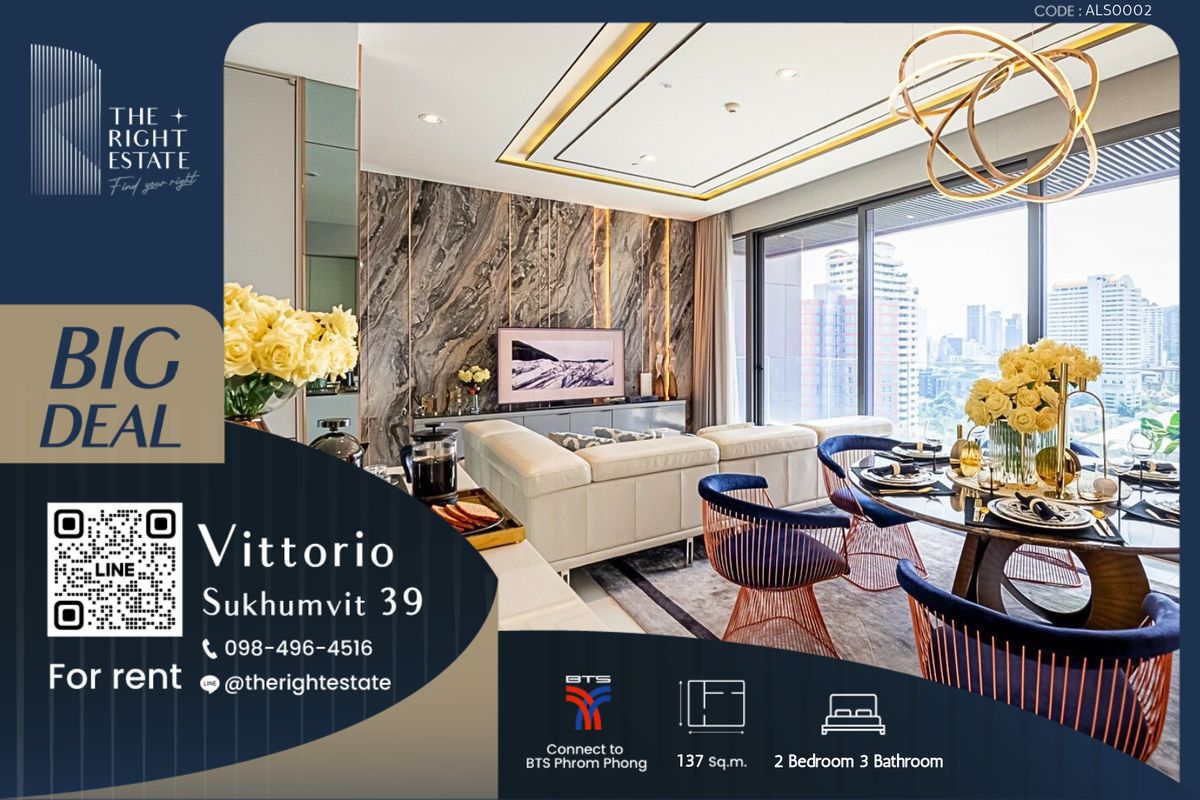 ให้เช่าคอนโดสุขุมวิท อโศก ทองหล่อ : 🌿 Vittorio Sukhumvit 39 🌿 ห้องสวยมาก ตกแต่งสไตล์หรูหรา 🛏 2 ห้องนอน - 137 ตร.ม. ใกล้ BTS พร้อมพงษ์