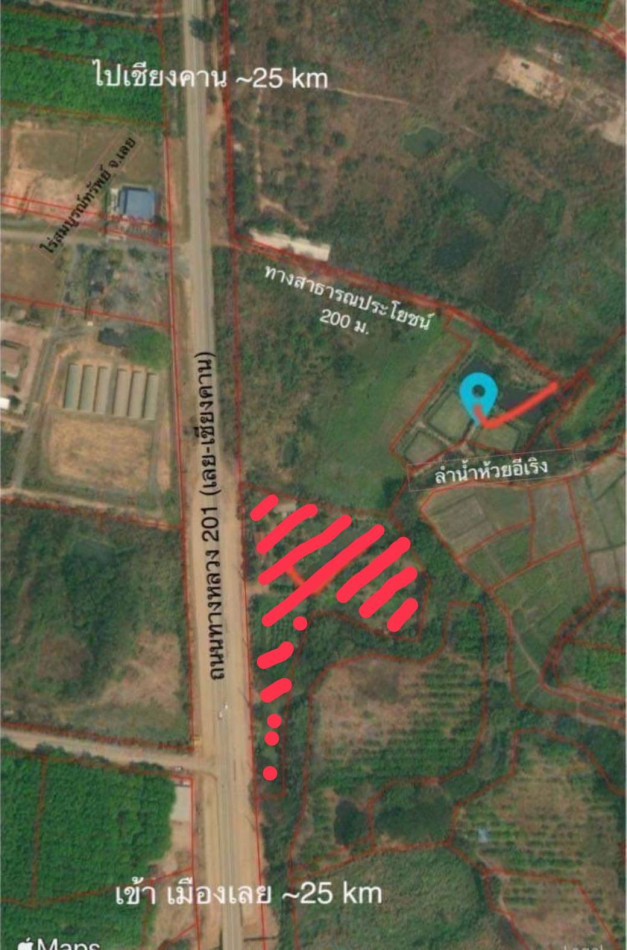 For SaleLandLoei : House for sale with land, front of the land is on the main road, back of the land is on Lam Huai I Reng, Loei Province, 7 rai