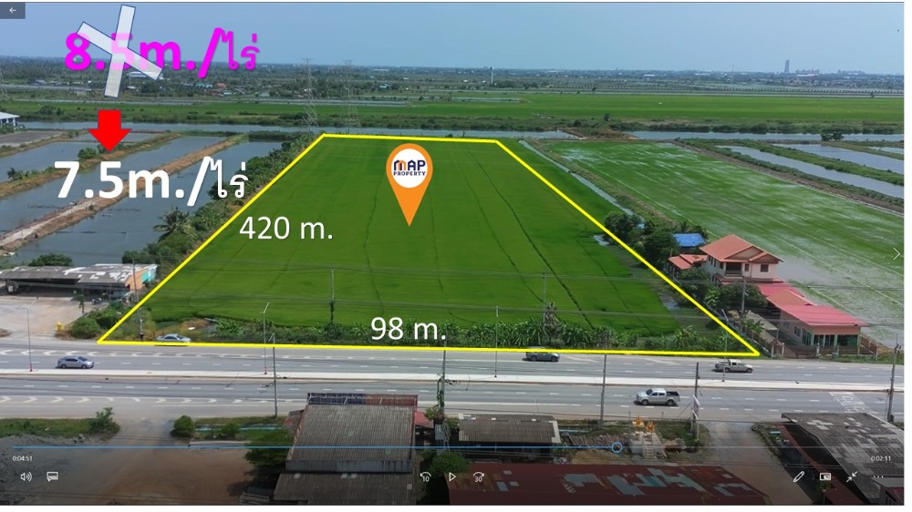 For SaleLandSamut Prakan,Samrong : Land for sale along the highway, 26 rai 3 ngan, Theparat-Lat Krabang Road (3001), Samut Prakan.