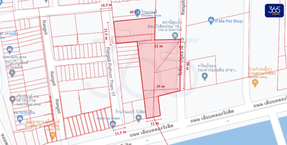 For SaleLandPathum Thani,Rangsit, Thammasat : Land for sale in Rangsit, next to the road on 3 sides, beautiful corner plot, area 1 rai 368 sq m., next to the road along the Rangsit Canal.