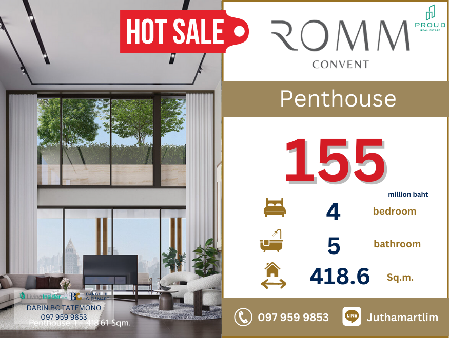 For SaleCondoSilom, Saladaeng, Bangrak : 🔥Buy directly to the project🔥 Romm Convent, Penthouse format, 418.6 sq m, 28th and 29th floors, price 155,099,900 baht, contact 0979599853