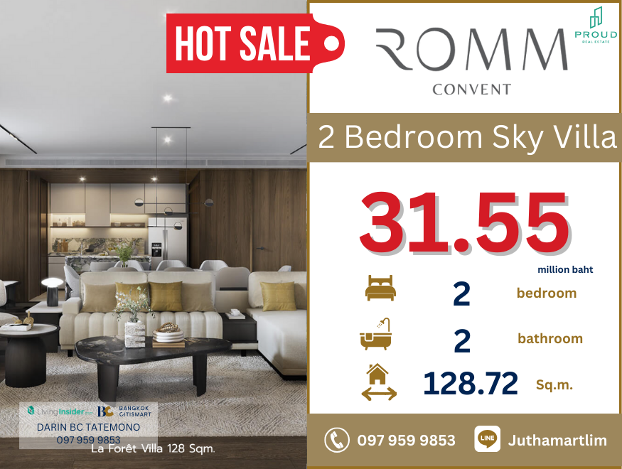 For SaleCondoSilom, Saladaeng, Bangrak : 🔥2 Bed Sky Villa🔥 Romm Convent, 2 bedrooms, 2 bathrooms, 128.72 sq m, 3rd floor, price 31,558,200 baht, contact 0979599853.