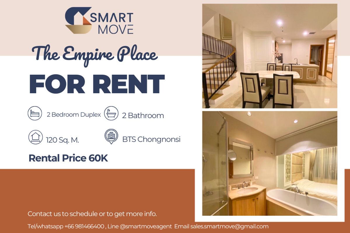 ให้เช่าคอนโดสาทร นราธิวาส : 🔥 สำหรับเช่า !! 🔥 Code C20240100003..........The Empire Place, 2 ห้องนอน, 2 ห้องน้ำ Duplex, ห้องอยู่ทางทิศใต้, แต่งครบ, พร้อมเข้าอยู่ 📣📣