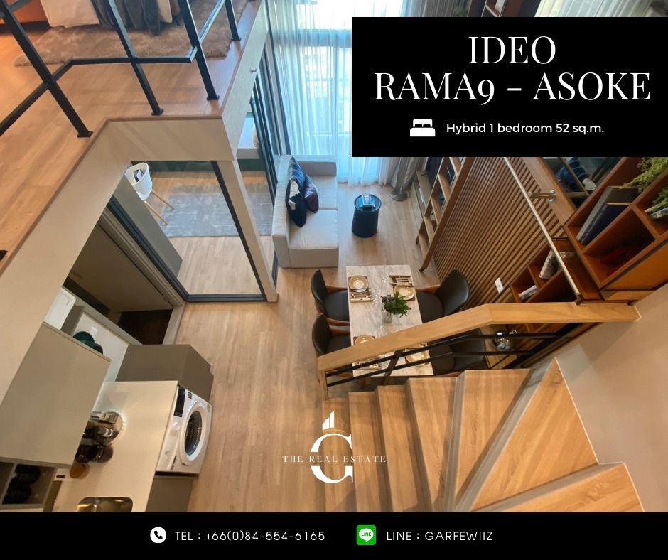 For SaleCondoRama9, Petchburi, RCA : For sale, a fully furnished model room, near MRT Rama 9 🚆1 Bedroom Hybrid, ground floor + upper area, 52 sq m, 4.5 m high ceiling, special price only 6.99 million baht, 30th floor+, can get a loan 💯 %