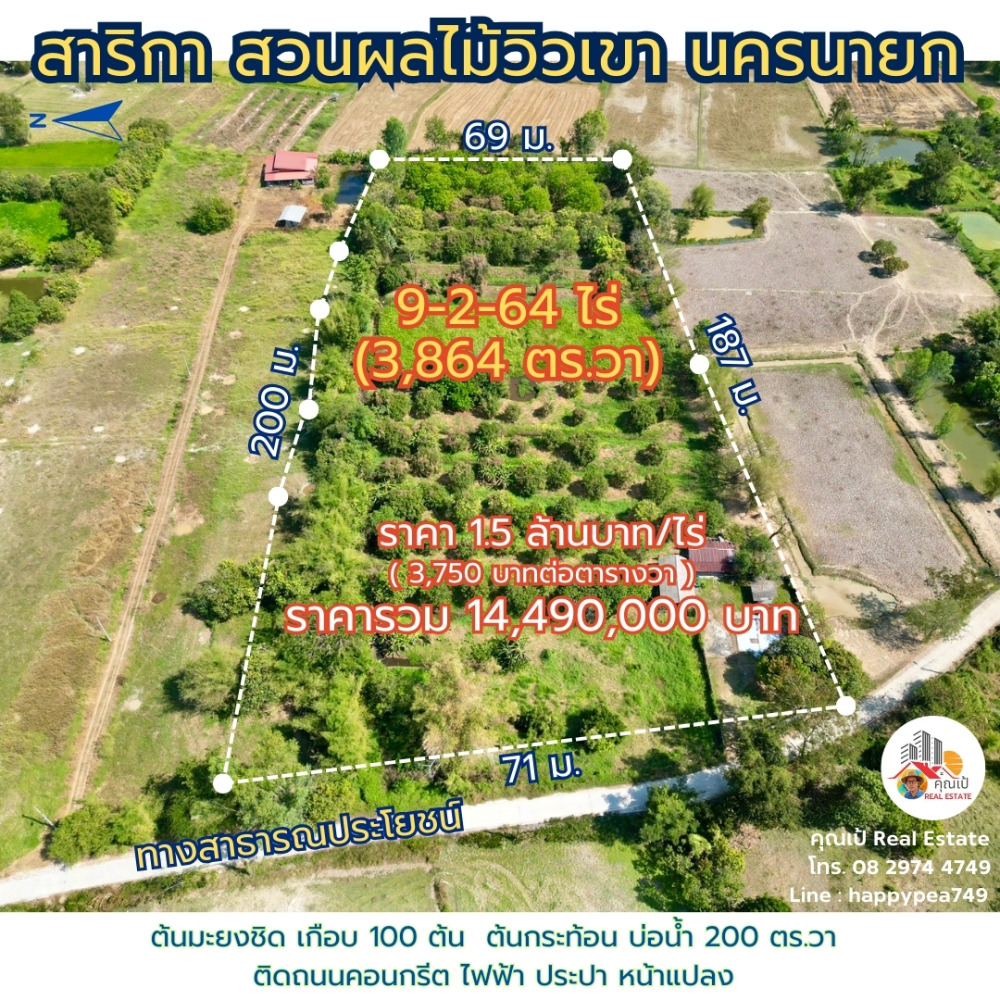 For SaleLandNakhon Nayok : Land in Nakhon Nayok, Sarika zone, 9-2-64 rai, is a fruit orchard, mangoes, santol, has electricity, water, next to a concrete road. Near tourist attractions