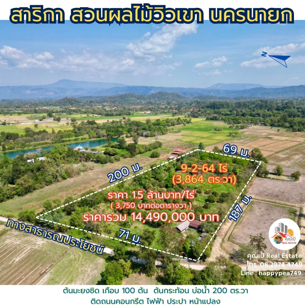 ขายที่ดินนครนายก : ที่ดินนครนายก โซนสาริกา 9-2-64 ไร่ เป็นสวนผลไม้ มะยงชิด มะม่วง กระท้อน มีไฟฟ้า ประปา ติดถนนคอนกรีต ใกล้แหล่งท่องเที่ยว