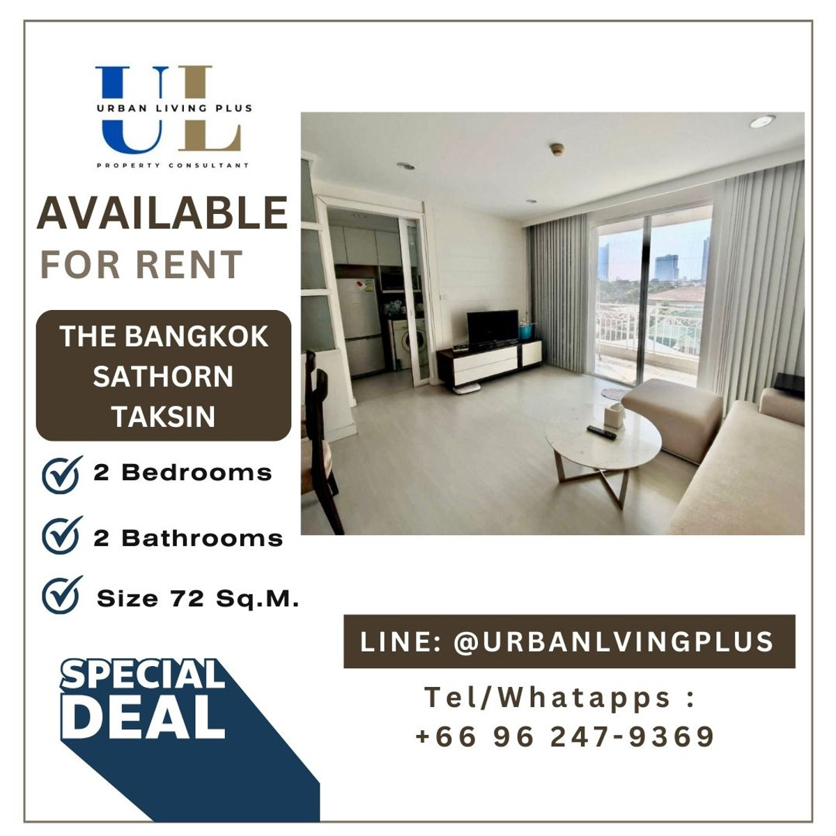 For RentCondoWongwianyai, Charoennakor : ( UL2409192 ) Tel/Line 096-247-9369✨ FOR RENT !! THE BANGKOK SATHORN-TAKSIN 2 bedrooms, 71 Sq.M. Nice room, High Floor ✨✨