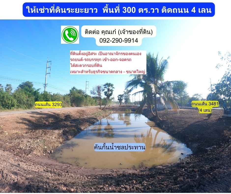 ให้เช่าที่ดินปราจีนบุรี : ให้เช่าที่ดิน 300 ตร.วา อ.บ้านสร้าง จ.ปราจีนบุรี ติดถนน 4 เลน (ถนนเส้น 3481)