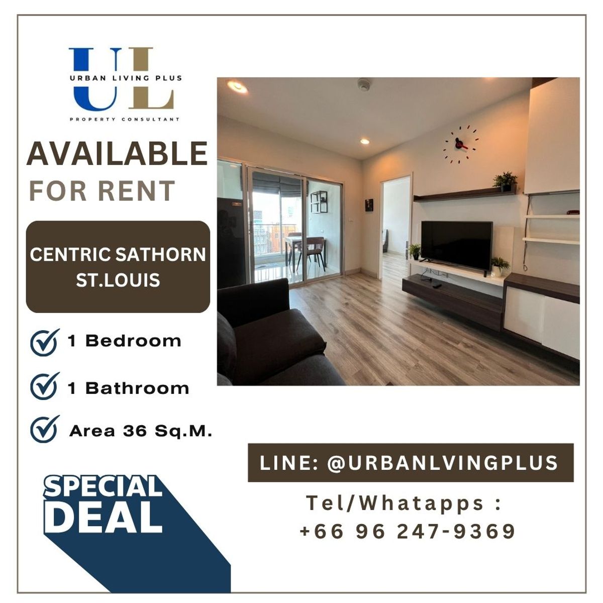 ให้เช่าคอนโดสาทร นราธิวาส : ( UL2502192 ) Tel/Line 096-2479369 ให้เช่า !! Centric Sathorn St.louis, 1 ห้องนอน 1 ห้องน้ำ 36 ตร.ม. ห้องสวย ห้องมุม สภาพดี✨✨
