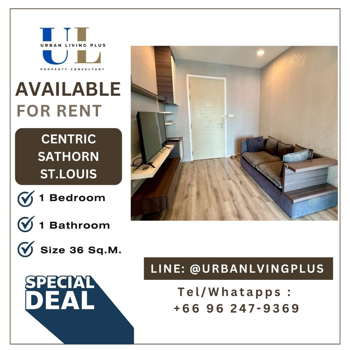 For RentCondoSathorn, Narathiwat : ( UL2603121 ) Tel/Line 096-2479369, FOR RENT!!! Centric Sathorn St.louis // 1 BEDROOM 1 BATHROOM, SIZE 36 SQ.M. RARE ITEM