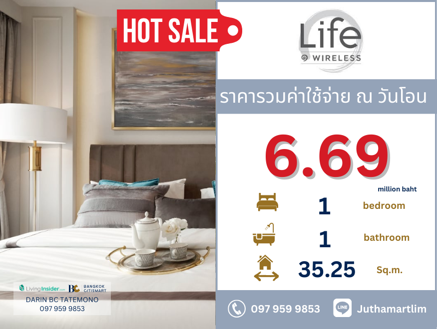 For SaleCondoWitthayu, Chidlom, Langsuan, Ploenchit : 🔥Price includes all expenses🔥 life one wireless 1 bedroom, 1 bathroom, 35.29 square meters, 24th floor, price 6,690,000 baht (including all expenses) Contact 097 959 9853 Condo for sale.