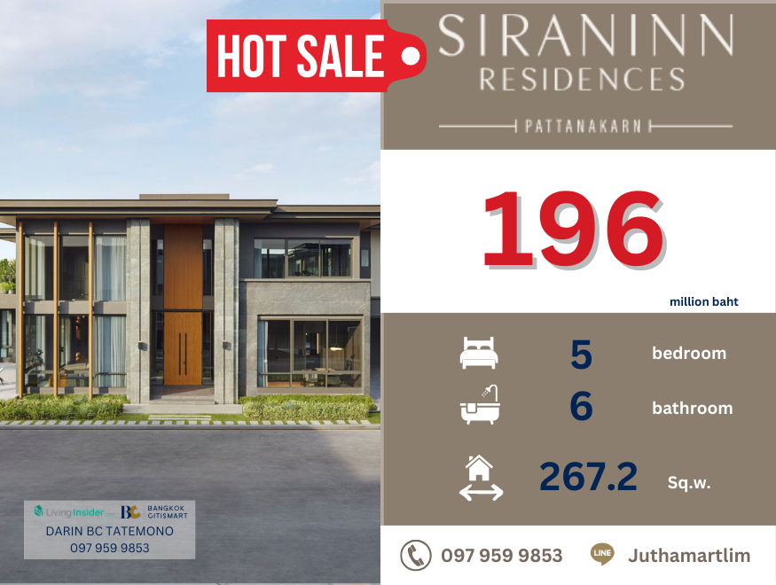 ขายบ้านพัฒนาการ ศรีนครินทร์ : 🔥บ้านสวย+ทำเลดี🔥SIRANINN RESIDENCES 5 ห้องนอน  6 ห้องน้ำ 267.2 ตร.ว. ราคา 196,000,000 บาท ติดต่อ 0979599853