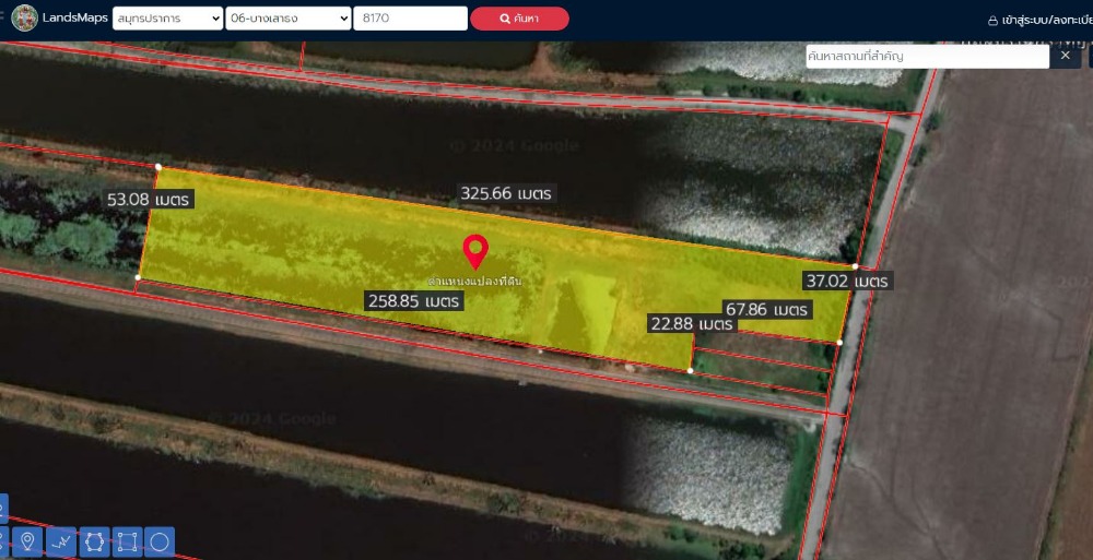 For SaleLandBangna, Bearing, Lasalle : Land for sale Bangna Trat KM 23 Selling close to appraised price, Soi Wat Bua Roi, yellow city plan.