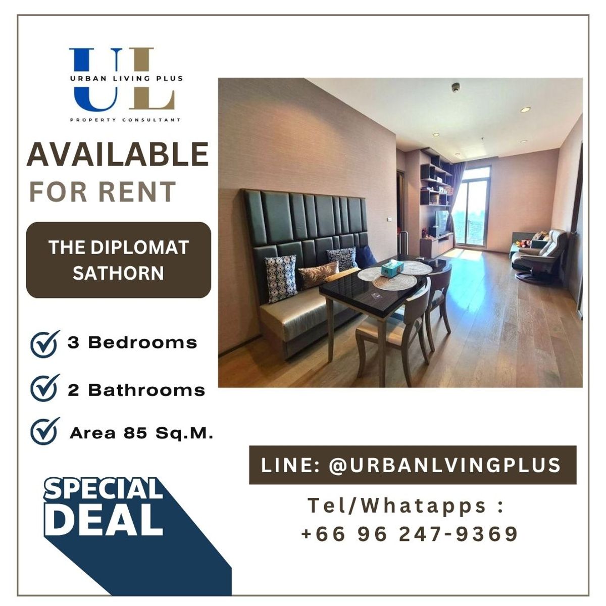 ให้เช่าคอนโดสาทร นราธิวาส : ( U20240520100 ) Tel/Line 096-2479369 , The Diplomat Sathorn ให้เช่า , 3 ห้องนอน, 2 ห้องน้ำ, 85.5 ตร.ม. ห้องสวย ชั้นสูง ราคาพิเศษ!!