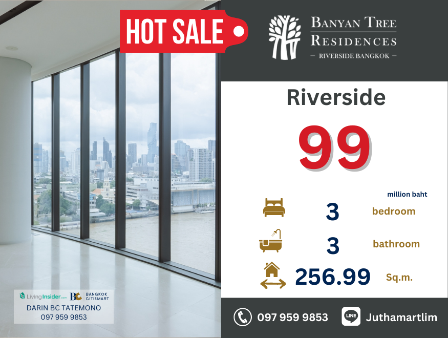 ขายคอนโดวงเวียนใหญ่ เจริญนคร : 🔥 3 ห้องนอน🔥 Banyan Tree Residences Riverside Bangkok | 3 ห้องนอน 3 ห้องน้ำ 256.99 ตร.ม. ชั้น 29 ราคาต่อรองได้ ติดต่อ 0979599853