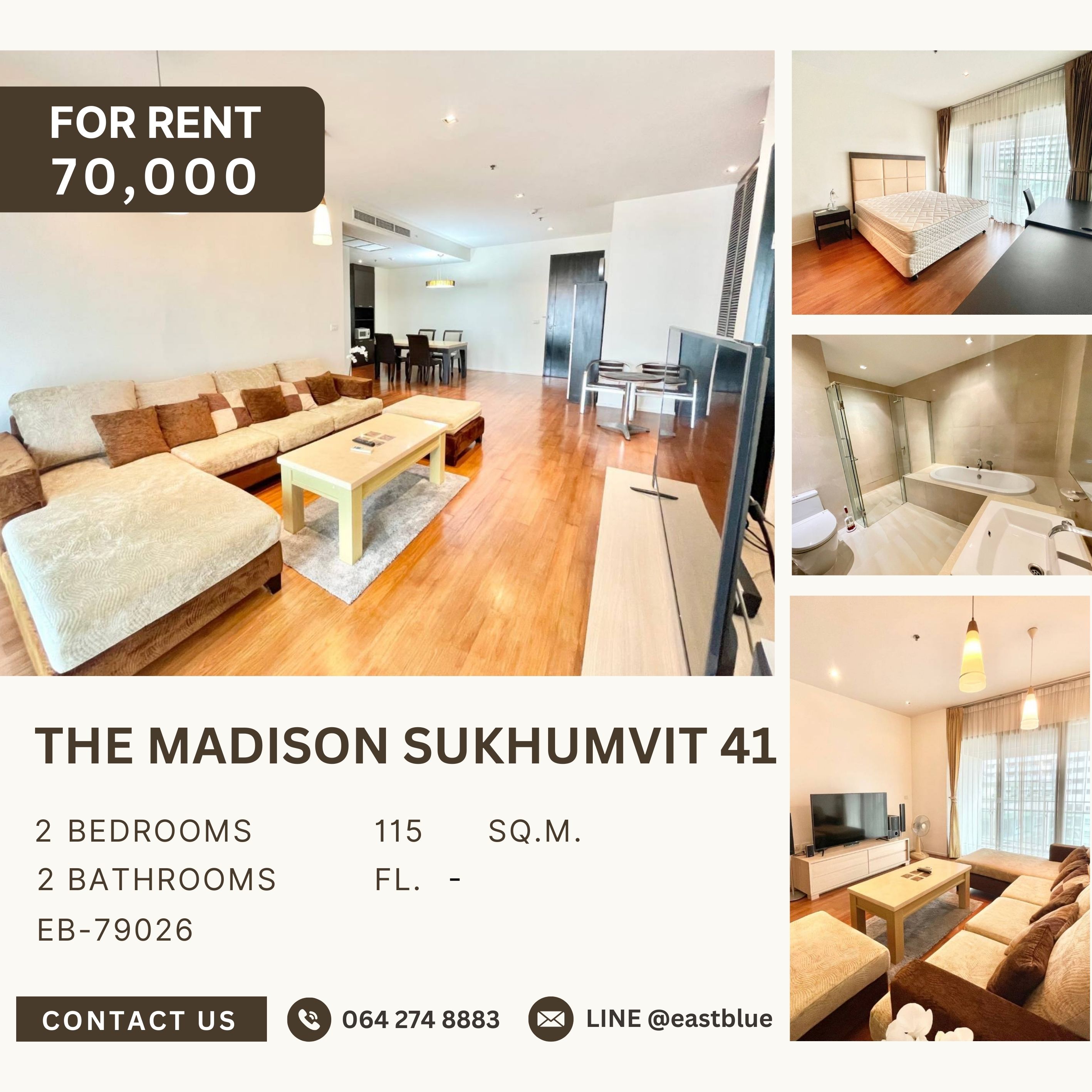 ให้เช่าคอนโดสุขุมวิท อโศก ทองหล่อ : The Madison Condominium Sukhumvit 41, 2 bed, 70000 per month