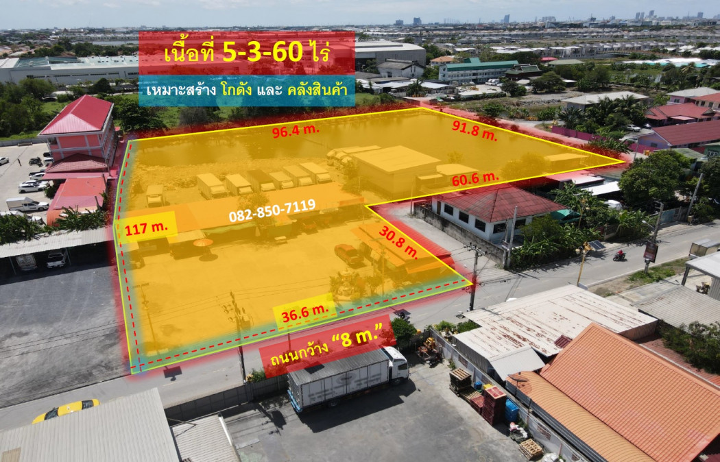 For SaleLandSamut Prakan,Samrong : Land for sale on King Kaew Road (suitable for building warehouses and warehouses) 5-3-60 rai, width 36.6 m. Wide road, trucks passing easily. Near Bang Phli Industrial Estate, Bang Pu Industrial Estate
