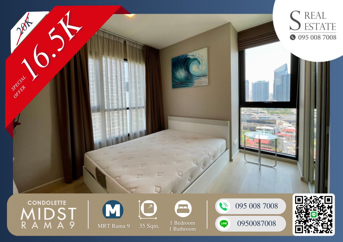 For RentCondoRama9, Petchburi, RCA : 🔥🔥Special Layout!! Below Market Price –  Fully enclosed bedroom (not glass partition) offers ultimate privacy!! Beautiful view!! Fully furnished and move-in ready!! Condolette Midst Rama 9 next to MRT Rama 9!! 🔥🔥