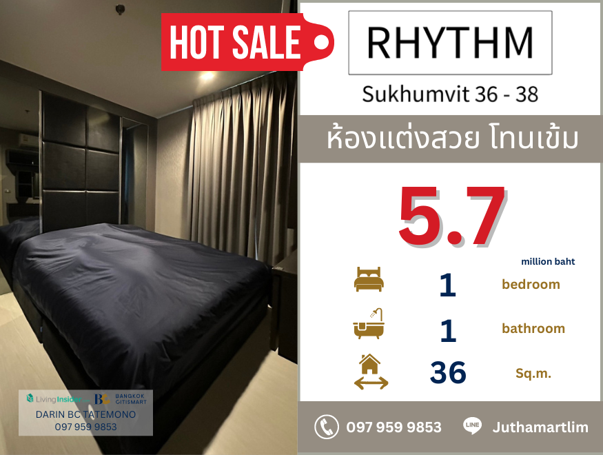 ขายคอนโดสุขุมวิท อโศก ทองหล่อ : 🔥ห้องแต่งสวย + ทิศเหนือ🔥 RHYTHM SUKHUMVIT 36-38  | 1 ห้องนอน 1 ห้องน้ำ 36 ตร.ม. ชั้น 12A ราคา 5,700,000 ติดต่อ 0979599853