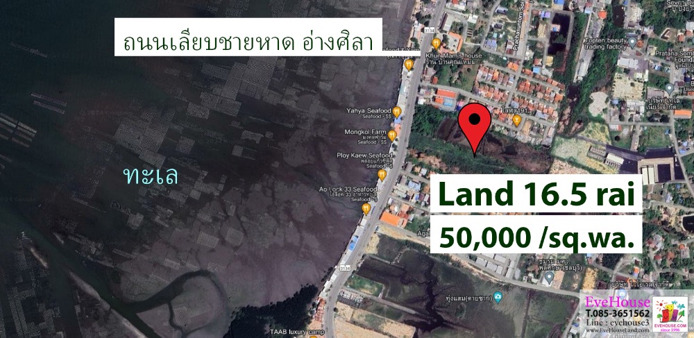 ขายที่ดินพัทยา บางแสน ชลบุรี สัตหีบ : ขายที่ดิน 16.5 ไร่ ติดถนนเลียบชายทะเลอ่างศิลา ถนน บางแสน-อ่างศิลา