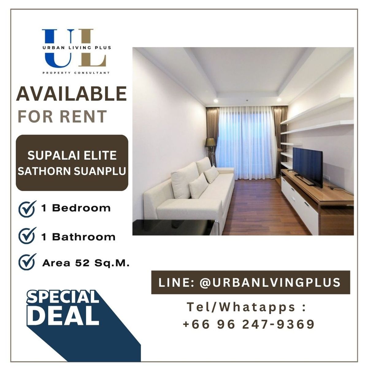 ให้เช่าคอนโดสาทร นราธิวาส : (UL2509162)✨Tel/Line 096-2479369, ให้เช่า ศุภาลัย เอลีท สาทร สวนพลู 1 ห้องนอน 1 ห้องน้ำ 52 ตร.ม. ชั้นสูง ห้องสวย