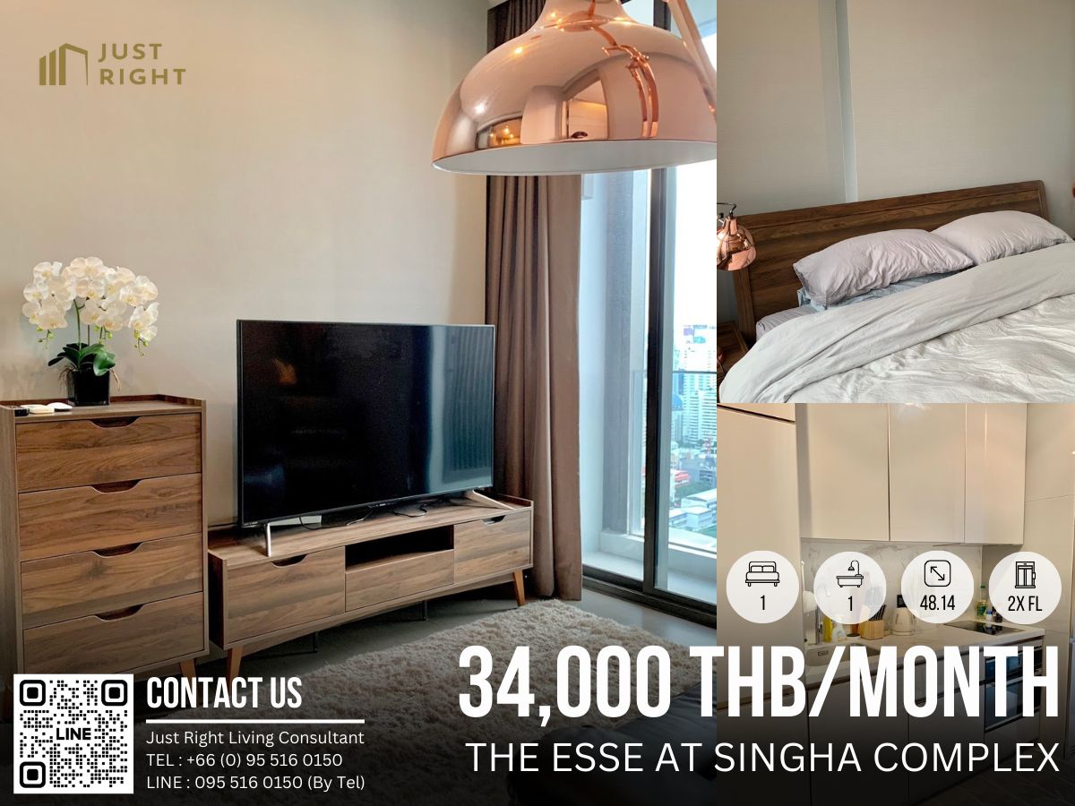 For RentCondoRama9, Petchburi, RCA : For rent, The Esse at Singha Complex, 1 bedroom, 1 bathroom, size 48.14 sq.m, Floor 2x, Fully furnished, from 40,000 to 34,000/m, 1 year contract only.
