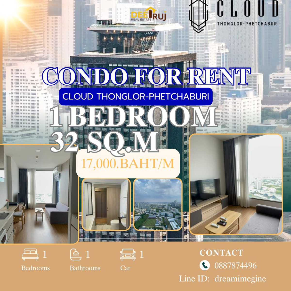 For RentCondoRama9, Petchburi, RCA : For rent urgently❗️ 18,000 baht, 1 bedroom, 1 bathroom, Cloud Thonglor-Phetchaburi