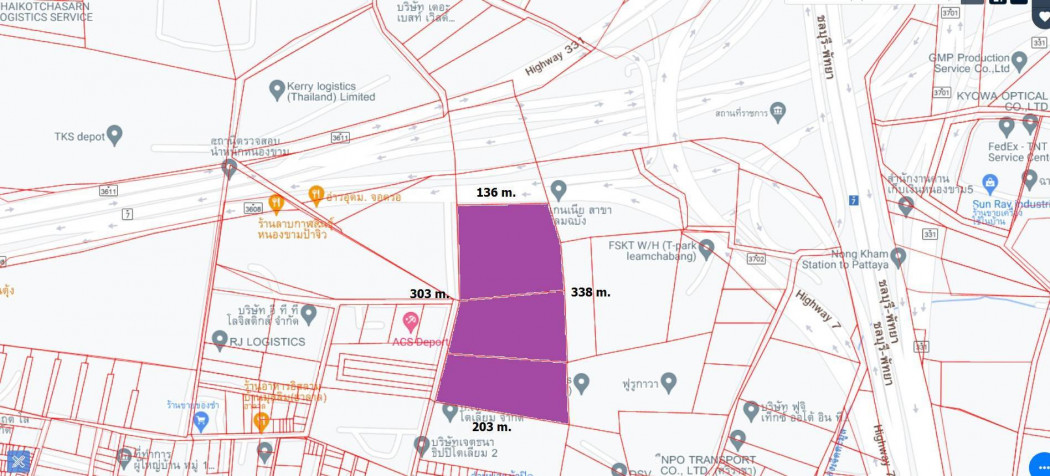 For SaleLandPattaya, Bangsaen, Chonburi : Land for sale, next to the main road, near Laem Chabang Port. Suitable for a warehouse