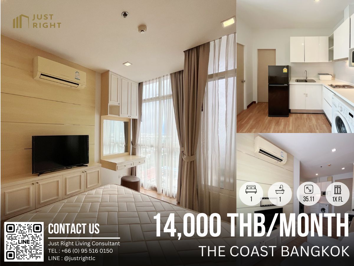 For RentCondoBangna, Bearing, Lasalle : For rent, The Coast Bangkok, 1 bedroom, 1 bathroom, size 35.11 sq.m, 2x Floor, fully furnished, only 14,000/m, 1 year contract only.