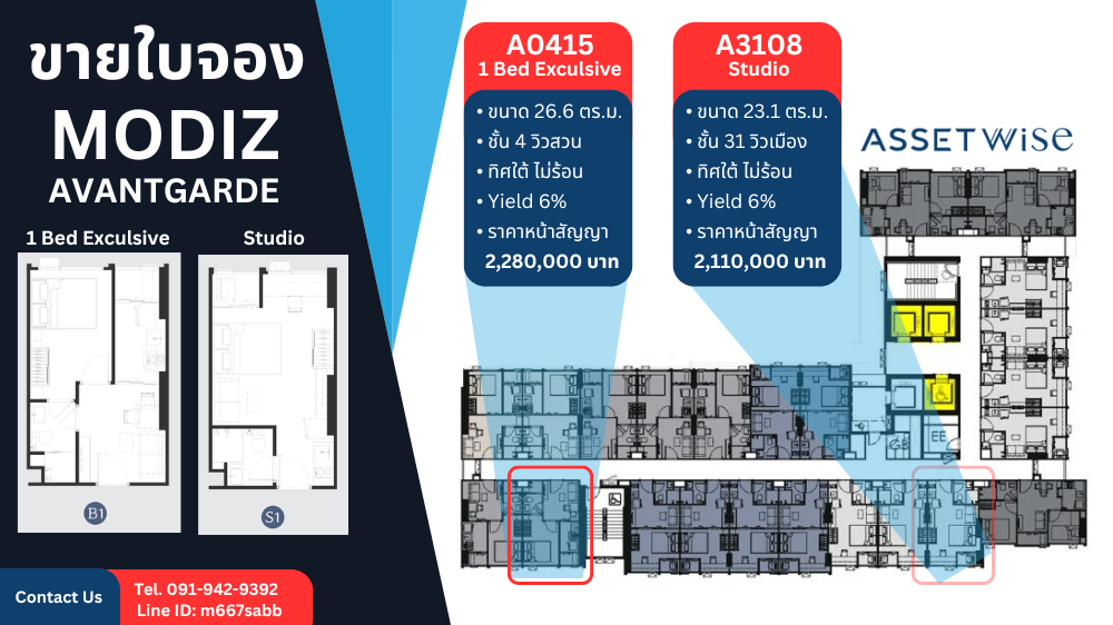ขายดาวน์คอนโดปทุมธานี รังสิต ธรรมศาสตร์ : [ขายดาวน์ไม่บวกเพิ่ม] Modiz Avantgrade แบบ Studio และ 1 BR Exclusive