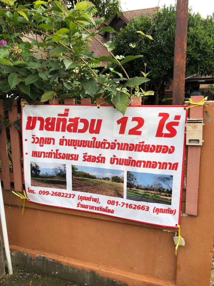 For SaleLandChiang Rai : Beautiful land for sale, 12 rai, mountain view, prime location in Chiang Khong District.