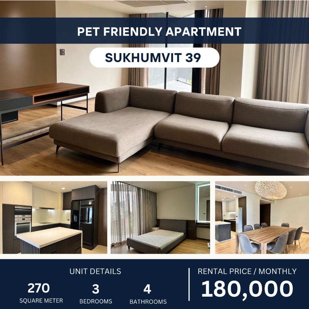 For RentCondoSukhumvit, Asoke, Thonglor : Pet-Friendly Luxury Apartment Sukhumvit 39 3 Beds 270 sqm 180k