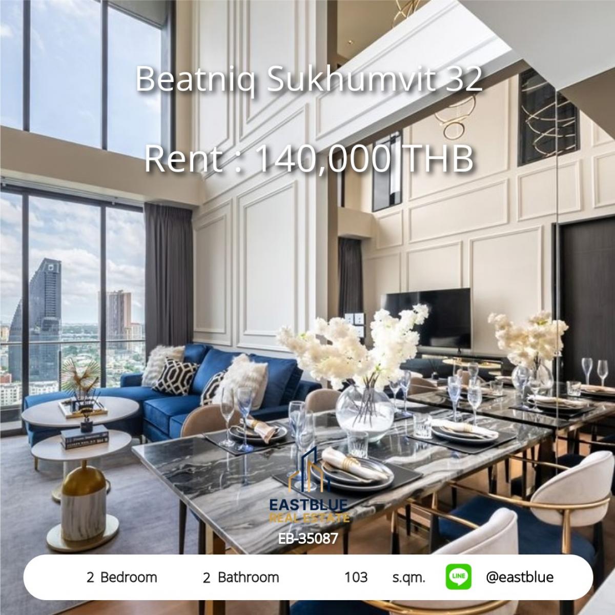 For RentCondoSukhumvit, Asoke, Thonglor : Luxury attached to BTS Thonglor! 2 bedrooms, 103 sq.m. at Beatniq Sukhumvit 32Rent only 140,000 baht/month with complete facilities!