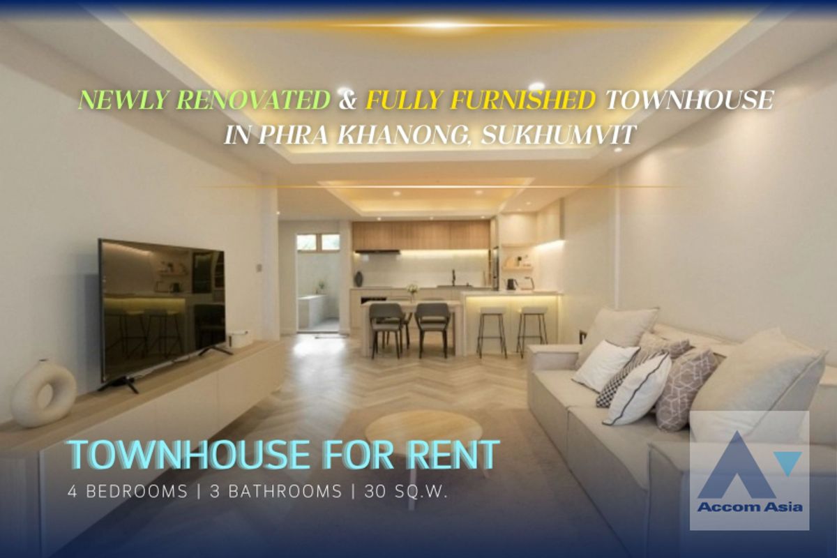 ให้เช่าทาวน์โฮมสุขุมวิท อโศก ทองหล่อ : 🔼AccomA🔽  Home Office, Pet friendly Newly renovated townhome 4 beds for rent in Sukhumvit, Bangkok near BTS Phra khanong (AA33050)