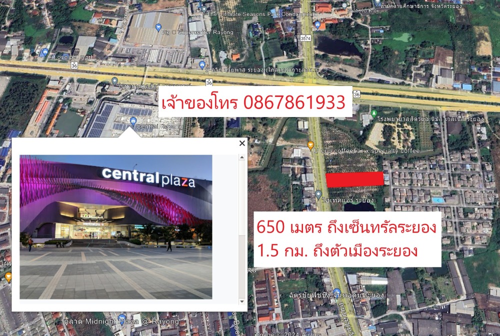 For SaleLandRayong : Land for sale 3.5 Rai near Central Rayong, Muang Rayong, 6-lane road
