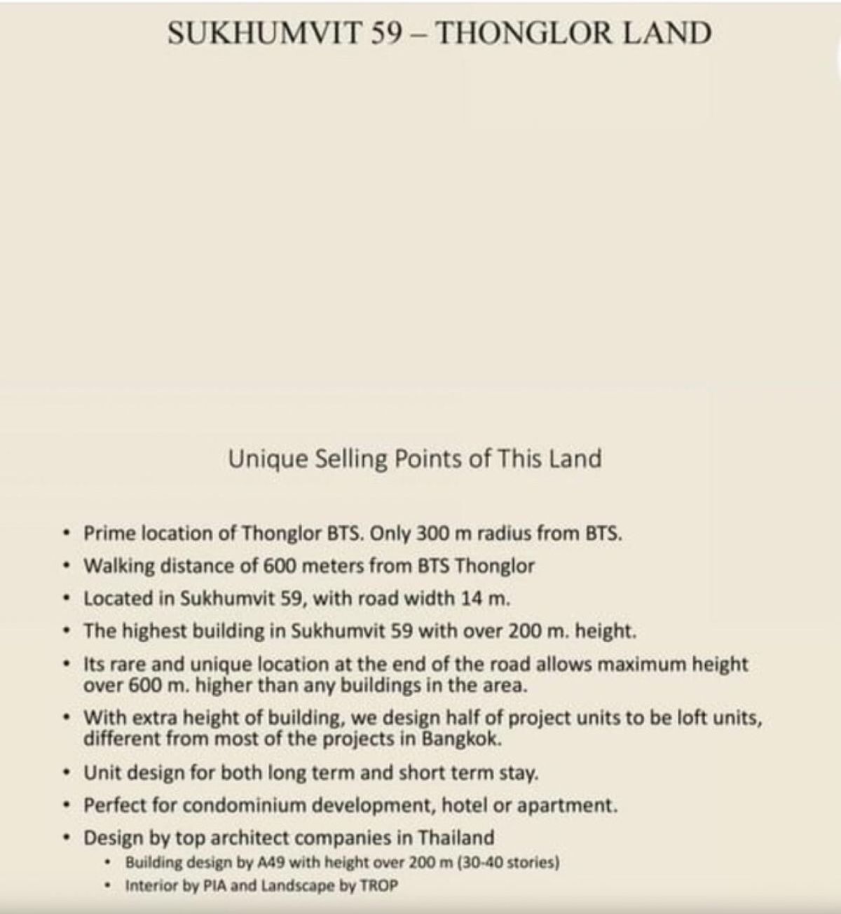 ขายที่ดินสุขุมวิท อโศก ทองหล่อ : ที่ดินสุขุมวิท 59 พื้นที่ 429 ตรว. สำหรับโครงการ High Rise 600 ม. จาก BTS ทองหล่อ สามารถสร้างอาคารสูงที่มีความสูงกว่า 200เมตร
