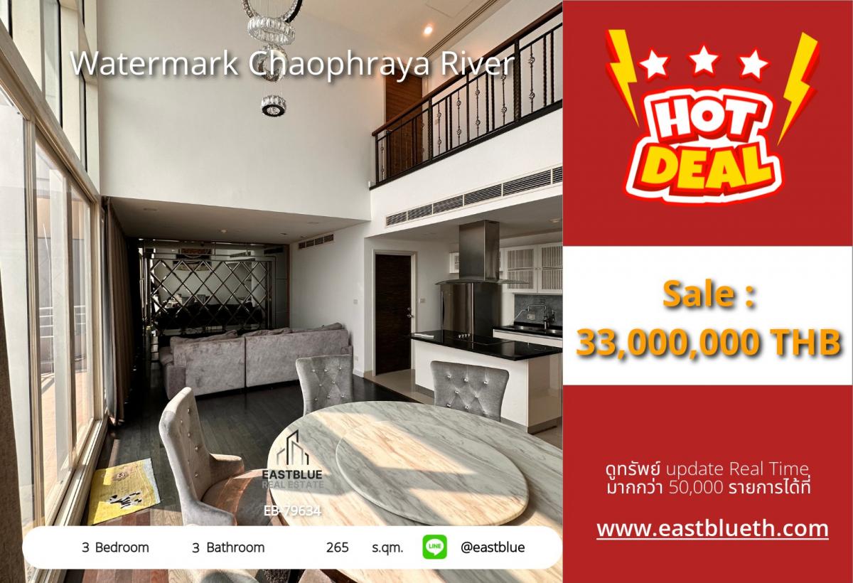 For SaleCondoWongwianyai, Charoennakor : 06/02/2026, Outstanding riverside condo with 3 bedrooms at Watermark ChaophrayaNear BTS Krung Thon Buri, priced at 33 million, with complete amenities!