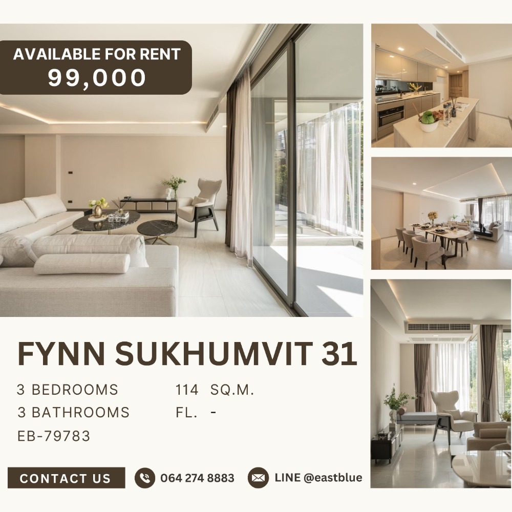 ให้เช่าคอนโดสุขุมวิท อโศก ทองหล่อ : FYNN Sukhumvit 31, 3 bed, 99000 per month