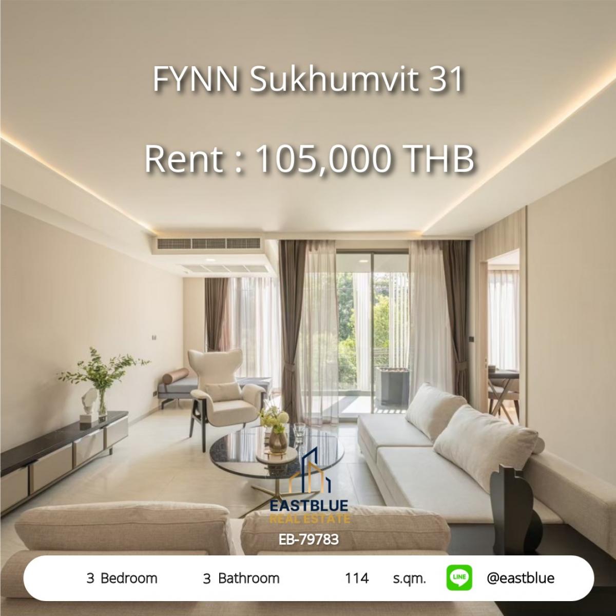 ให้เช่าคอนโดสุขุมวิท อโศก ทองหล่อ : หรูหรากลางอโศก! 3 ห้องนอน เพียง 105,000 บาท/เดือน FYNN Sukhumvit 31 ใกล้ BTS/MRT สะดวกทุกการเดินทาง!