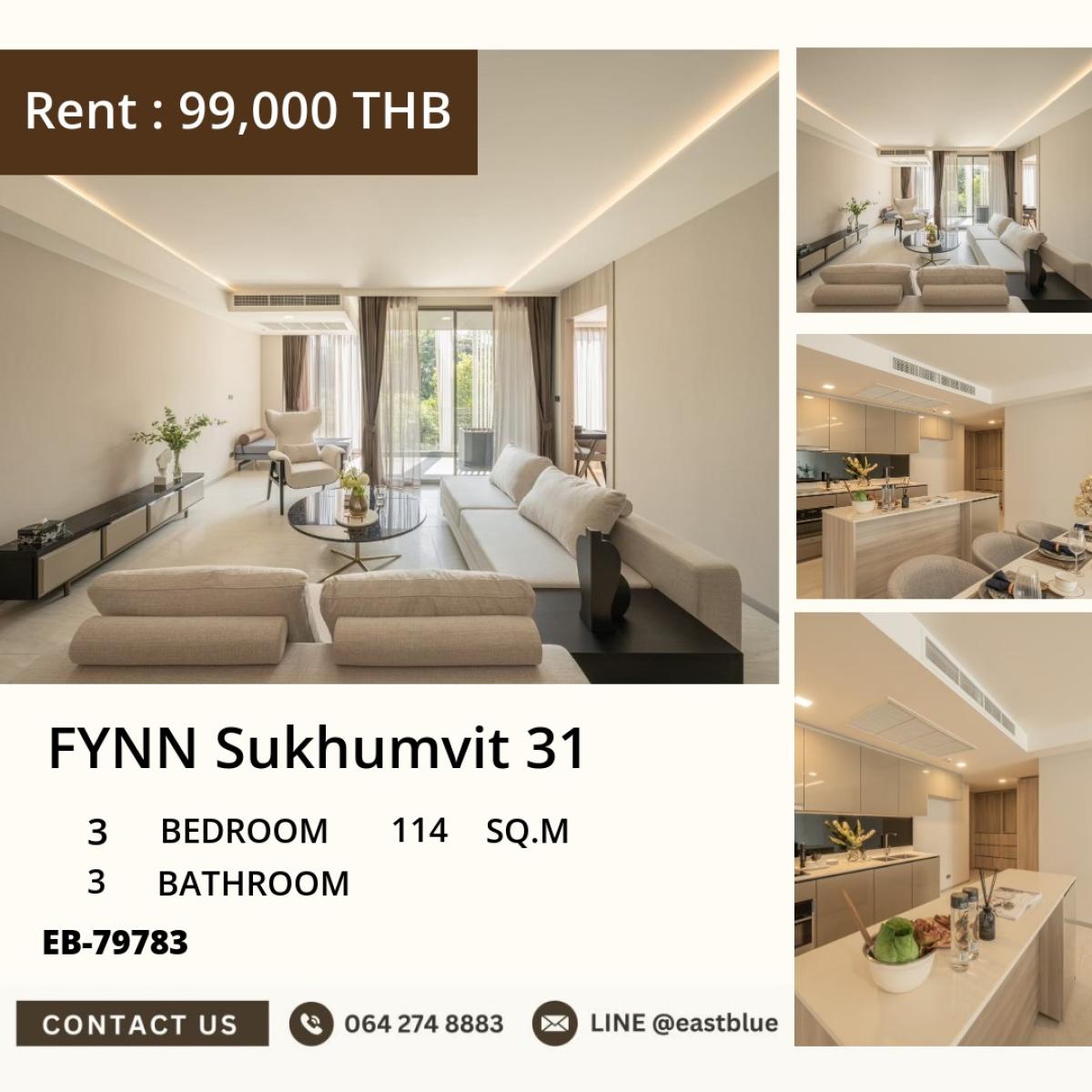 ให้เช่าคอนโดสุขุมวิท อโศก ทองหล่อ : 24/03/2026, FYNN Sukhumvit 31 | 3 ห้องนอน 3 ห้องน้ำ 114 ตร.ม. 
เช่าเพียง 99,000 บาท ใกล้ BTS อโศก สนใจย้ายเข้าตอนนี้! 0642748883